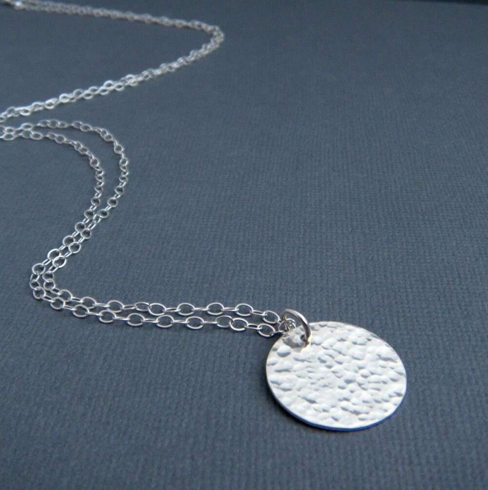 LONG silver necklace. hammered sterling silver circle pendant.