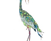 Crane Art Print - Patterned Bird Art Print - Blue Green Bird Print - Open Edition 13 x 19