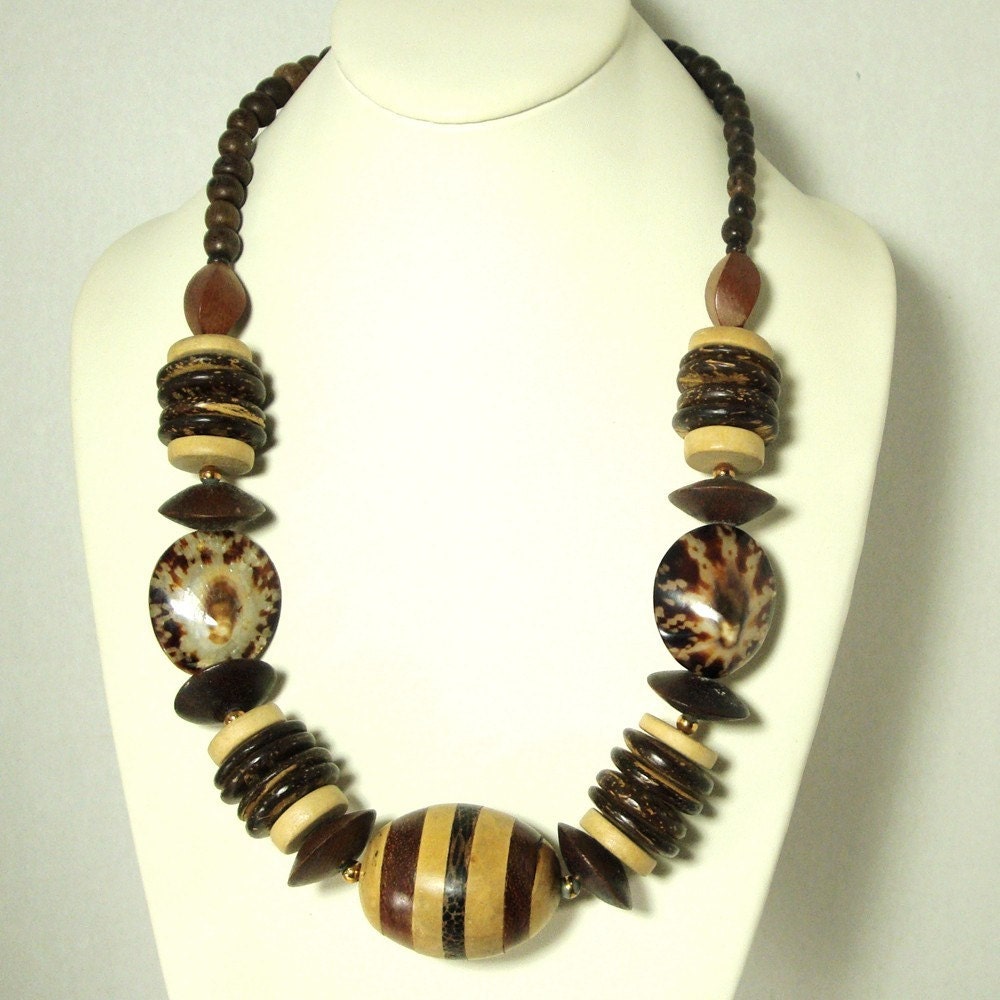 Large Wood Bead Hippie Necklace 1970s Chunky Laminated