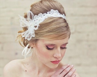 Wedding Lace Tie Headband with Feathers Wedding Head piece Lace Headband