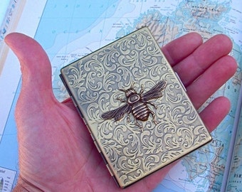 Metal Cigarette Case Antiqued Brass Bee Case Vintage Inspired Art Nouveau Gothic Victorian Steampunk Style Large Slim Card Case