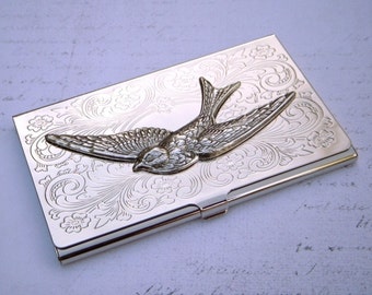 Flying Bird Business Card Case Silver Card Case Silver Bird Case Silver Wings Woman's Card Case Victorian Card Case Fancy Card Case Slim