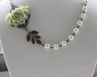 A Soft Green Large Rose Flower, Ivory Swarovski Pearls Vintage Style Necklace. Romantic. Bridesmaid Gifts. Maid of Honor.