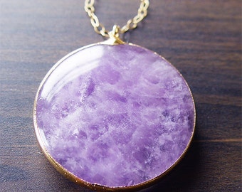 SALE Large Round Amethyst Necklace Gold Fill