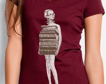 book tshirt - book shirt - womens tshirt - vintage tshirt - book lover - book gift - librarian gift - book worm - JUST BOOKS -burgundy vneck
