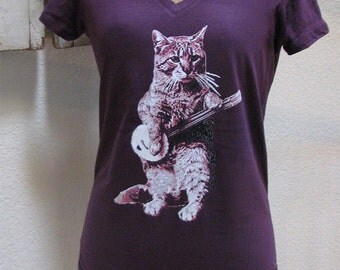 cat shirt - banjo shirt - cat tshirt - cat gifts - cat lover gift - cat lady - cat lover - music gift - womens tshirts-BANJO CAT-sport vneck