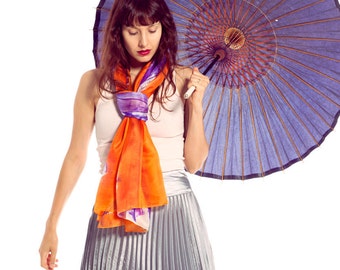 Bright orange silk scarf, shawl. Summer silk shawl painted by hand. Abstract flowers scarf by Dimo. Violet Tulips in Orange-Wearable art-