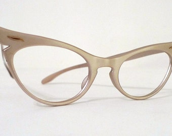 Cat Eye Glasses Frame SMall Extreme Winged Blush Aluminum Cat Eye Eyeglass, Champagne Cateye Eye Glasses or Sun Glasses, Superb Designer NO