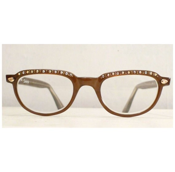 Vintage Rhinestones Brown Cat Eye Glasses Frame Embellished