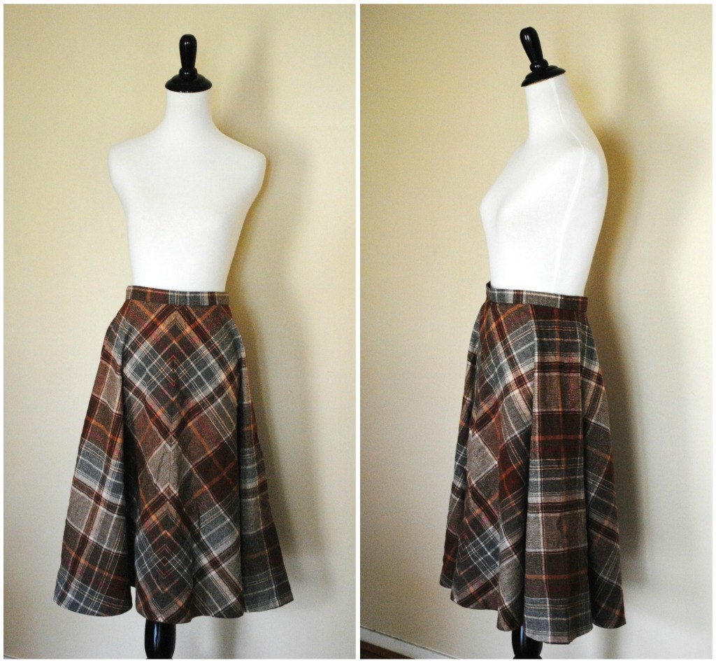 1970s Plaid Circle Skirt by College Town/Wool Blend Midi