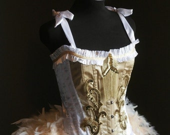 OLYMPIAN Plus Size 2XL White Gold Burlesque Corset Costume feather prom dress