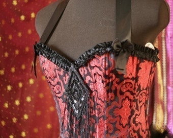 PALOMINO Burlesque Showgirl Plus Size Corset Costume Red Black brocade 2XL, XXL