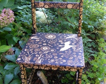 custom small chair-emblazoned with an ooak night forest design-flower-bird-star- leaves- rustic modern hand decorated furniture