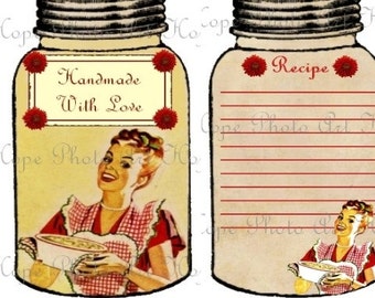 Handmade With Love Retro Mason Jar Gift Tags with Recipe Cards Digital Collage Sheet labels ATC ACEO greeting cards - U Print JPG 300dpi
