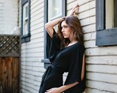 Black Kimono Slit Sleeve Knit Maxi Dress with Tie