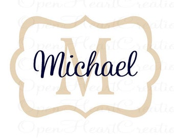 Personalized Baby Name Wall Decal - Modern Rectangle Frame with Initial and Name Monogram Vinyl Lettering 22H x 32W FN0238