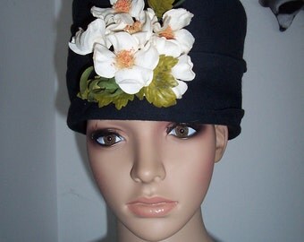 Womens Hat Black with Floral White/Yellow Centers ~ An Original by Sophia Borzuchwski with Black Vintage Hat Pins