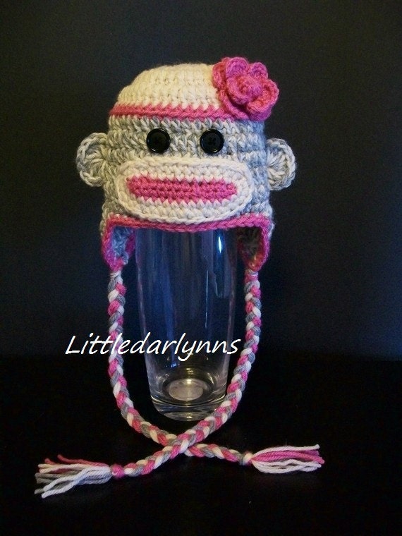 Sock Monkey Hat Pink Gray Sock Monkey Hat Crochet Baby Girl