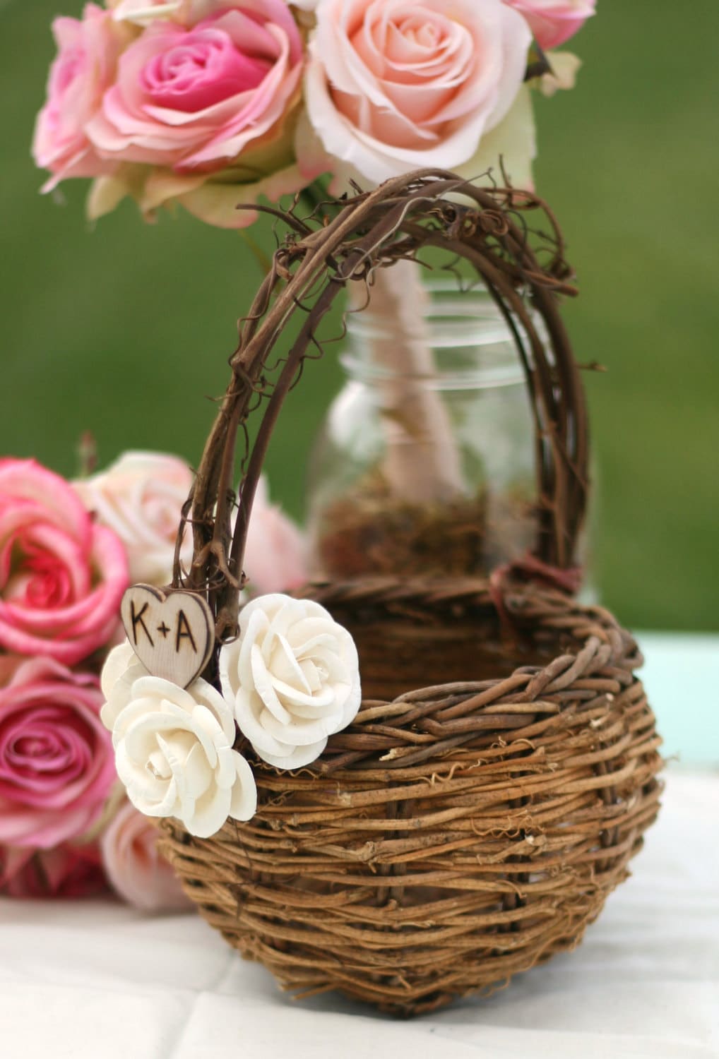 Bird Nest Flower Girl Basket Paper Roses Rustic by braggingbags