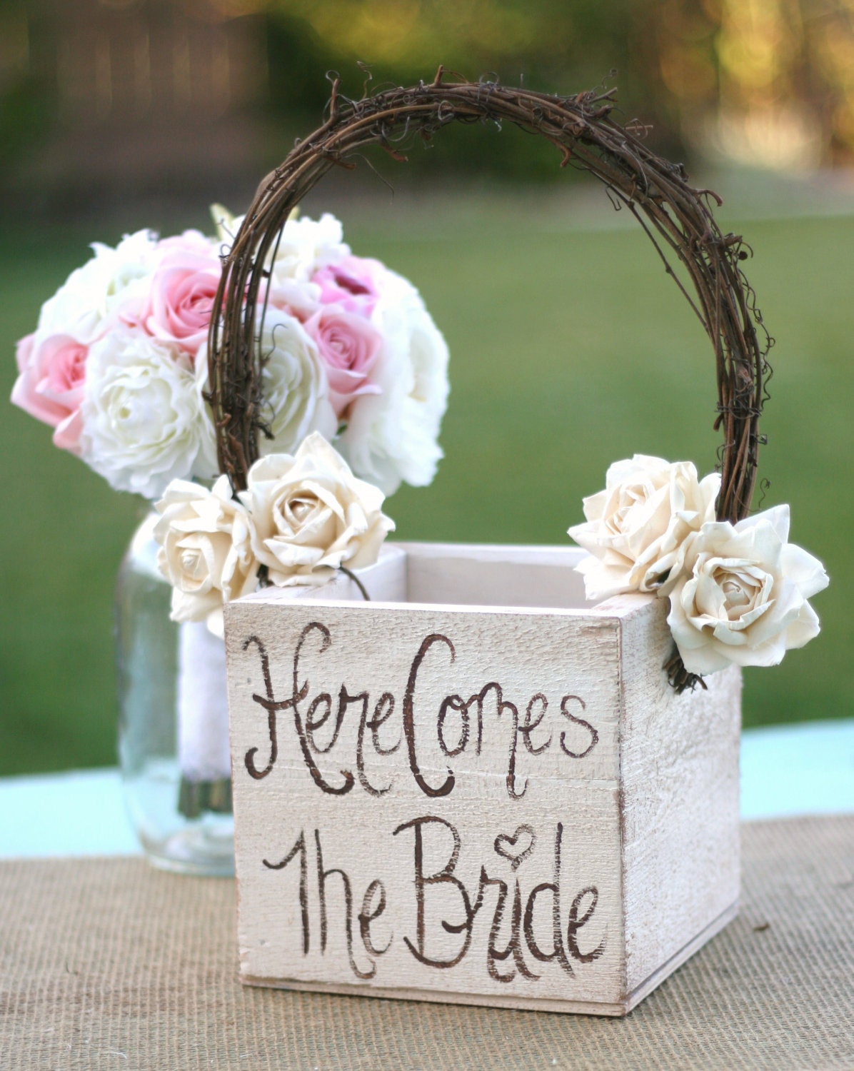 Shabby Chic Flower Girl Basket Rustic Wedding Decor Here Comes