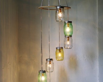 Lemon Lime Mason Jar Chandelier - Upcycled Hanging Lighting Fixture - Spiral Waterfall Rustic Wedding Pendant Lamp - BootsNGus Home Decor