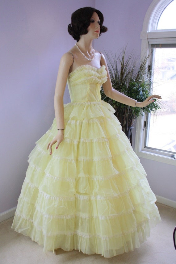 Vintage 50s Prom Formal Dress Yellow Chiffon Ruffle by jantiques