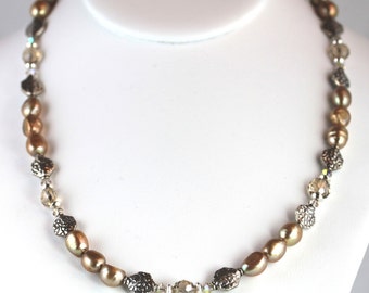 Golden Potato Pearl and Crystal Necklace