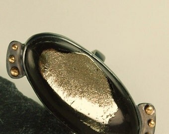 Fossil Ring- Black and Gold Russian Simbersite with Sterling Silver and 18 KT Gold, Black Gold Drusy Cabochon Ring, Bezel Set US size 6.5