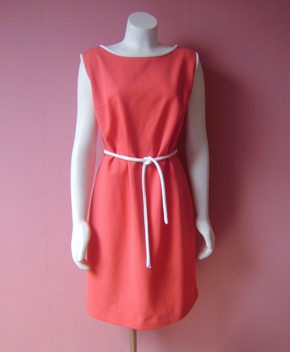 Items similar to 1960s CORAL red SHIFT DRESS with fabric tie belt on Etsy