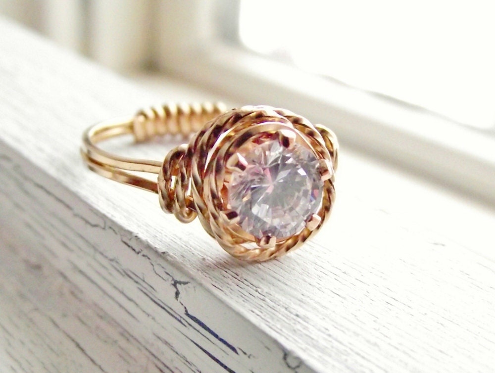 Fancy 12k Gold Ring Wire Wrapped White Diamond by wwcsilverjewelry