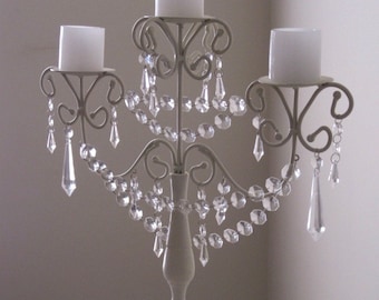 Shabby 3 Tier Pillar Candelabra with Clear Drops and Swags MADE TO ORDER