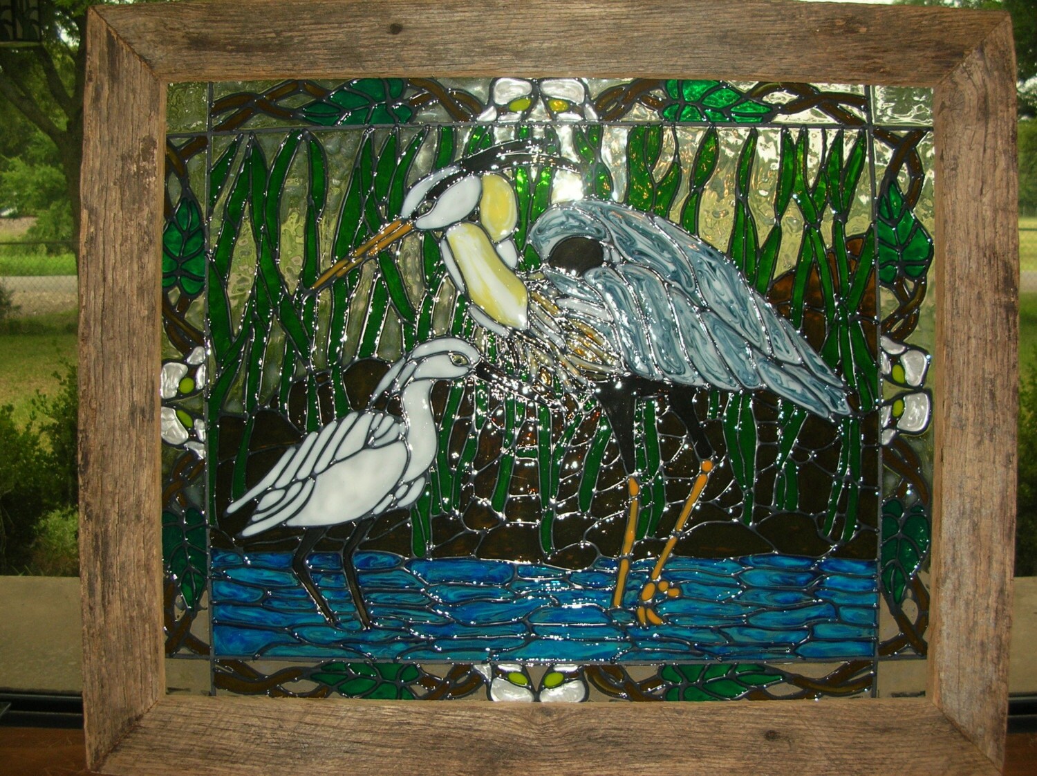Blue Heron and Egret in Creek stained glass window acrylic