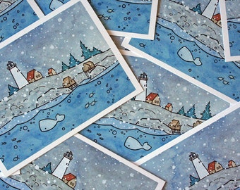 Illustrated Coastal Christmas Cards Snow Lighthouse - Pack of 10