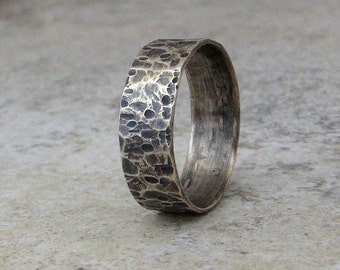 Mens Wedding Band Silver Hammered Wedding Ring Distressed Rustic ...