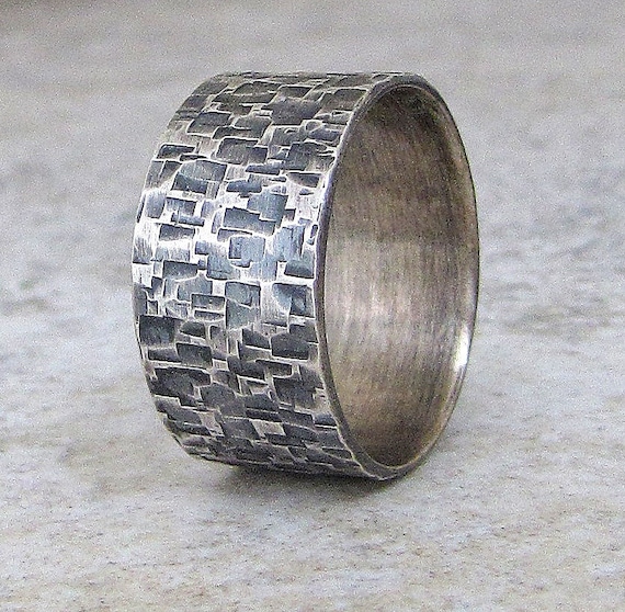 Mens Wedding Band Silver Wedding Ring Hammered Wide Ring Rustic ...