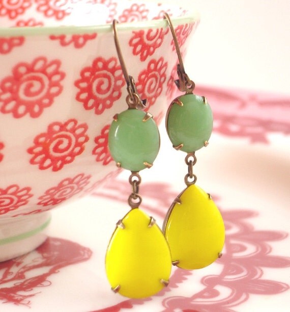 Items similar to Lemon Lime Earrings Retro Citrus Yellow Green Milk