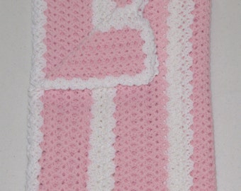 Handmade Pastel Pink and White Crocheted Baby Blanket Afghan