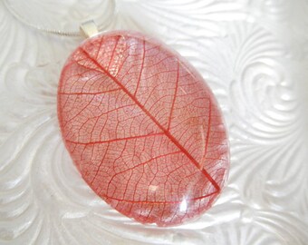 Burgundy Skeleton Leaf Oval Domed Glass Pendant-Symbolizes Peace-Nature's Wearable Art-Minimalistic-Woodsy,Earthy-Gifts Under 30