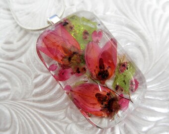 Spring Tulips-Domed Glass Rectangle Pressed Flower Pendant-Ombre Pink Boronia, Pink Heather-Symbolizes Admiration, Solitude