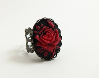 Red Rose Cocktail Ring Black Red Rose Adjustable Ring