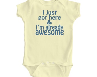 Adorable Baby "I'm Already Awesome" One Piece Bodysuit in White or Light Yellow