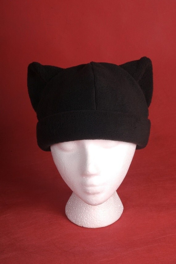 Kitty Cat Hat Black Fleece Mens Womens Animal Ear Beanie by