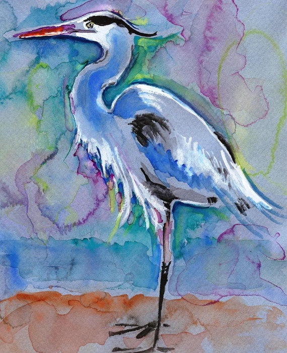 Great Blue Heron Watercolor Painting Print Artist-Signed