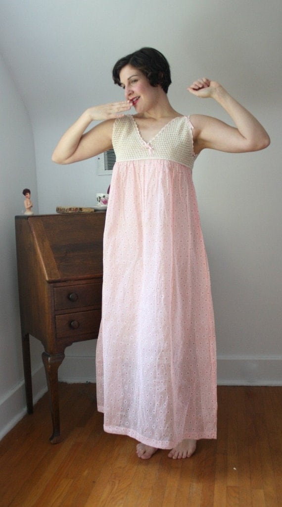 Early 1920s Pretty Pink Cotton Voile Nightgown with Crocheted
