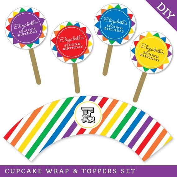 Rainbow party - Personalized DIY printable cupcake wrapper and topper set Il_570xn