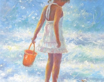Beach Girl Art Print, figure, girls room, beach paintings, prints, ocean, children, little girl, shelling, seascape, Vickie Wade Art