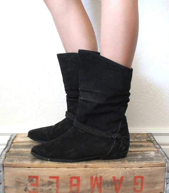 Vintage Black Suede Leather Slouch Boots Sz 10 by bumbleebuck