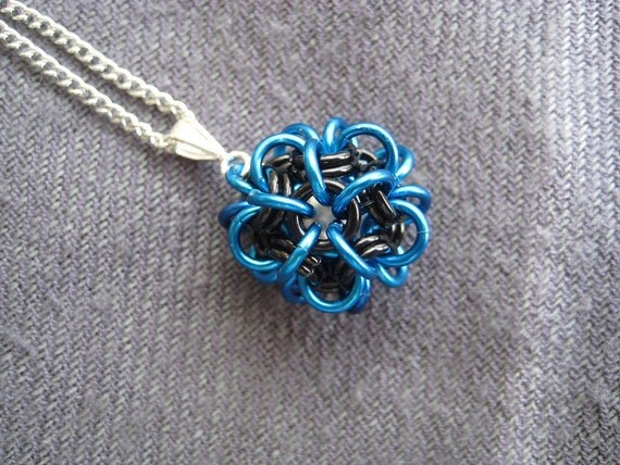 Chainmaille Ball Pendant - Porcupine in Blue and Black