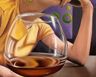 Thinking and Drinking cognac snifter glass drinking bar scene oil painting reproduction 8x10 print