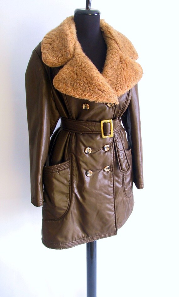 Vintage Coat winter 60s collar belted faux fur brown
